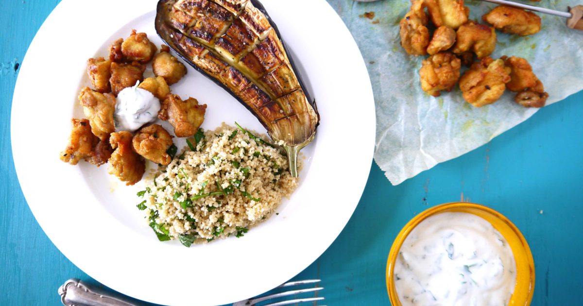 Recepten ras el hanout kipnuggets couscous aubergine De Krat
